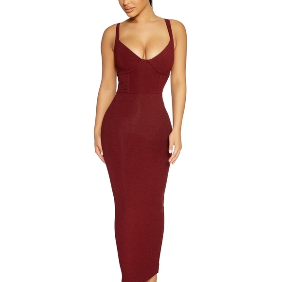 NWT Wine Baby Snatched NAKED WARDROBE BodyCon Midi Dress XS Burgundy Bustier xxs - Picture 2 of 9